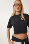 Women's Black Cotton Crop Knitted T-Shirt Cr00443