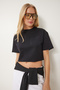 Women's Black Cotton Crop Knitted T-Shirt Cr00443 - 3