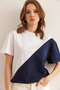 Women's White Navy Blue Asymmetrical Block T-Shirt Tsh- 19000350 - 4