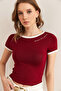Women's Burgundy Text Detailed Modal Textured Crop Blouse Blz- 19002896 - 2