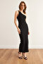 Women's Black One Shoulder Accessory Detailed Ribbed Midi Dress Elb- 19002351 - 2
