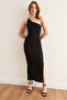 Women's Black One Shoulder Accessory Detailed Ribbed Midi Dress Elb- 19002351 - 4