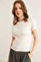 Women's Ecru Crew Neck Short Sleeve Pleated Blouse Blz- 19002892