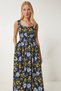Women Black Blue Floral Pattern Zipper Midi Poplin Dress Ub00352 - 3