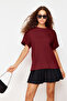Bordo %100 Kalın Pamuklu Oversize/Geniş Kalıp Bisiklet Yaka Örme T-Shirt TWOSS23TS00040 - 2
