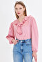 Women's Light Pink Frilly Collared Shoulder Gathered Sleeve Elastic Cotton Satin Blouse ARM-22K001059 - 4
