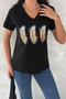 Women's Black V-Neck 3 Feather Sequin Sequin Embroidered 100% Cotton T-Shirt - 5