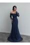 Navy Boat Neck Stone-Embellished Evening Dress