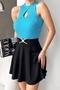 Turquoise Knitwear Fabric Stand Collar Drop Low-Cut Detail Collar Basic Blouse 0285 - 3