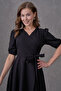 Women's Flexible Atlas Fabric Belted Asymmetric Cut Midi Length Double Breasted Collar Black Flared Dress 410 - 2