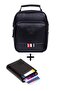 Men's Black Leather Mechanism Wallet and Casual Shoulder Handbag