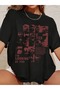 Retro Graphic Printed Comfortable T-Shirt, Off-Shoulder Loose Top with Lapel Detail,