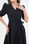 Flexible Atlas Fabric Belt Detailed Asymmetrical Cut Double Breasted Collar Black Midi Dress 410 - 8