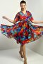 Women's Double Breasted Collar Lined Waist Belted Chiffon Rainbow Dress