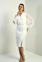 Women's Beaded Double-Breasted Collared Lined Belted Midi Dress with Chiffon Sleeves - 2