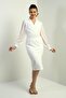 Women's Beaded Double-Breasted Collared Lined Belted Midi Dress with Chiffon Sleeves