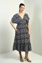 Women's Front Back V Neck Bat Sleeve Pocket Ethnic Pattern Ruffle Dress