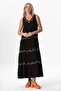 Sleeveless Şile Fabric Spring V-Neck Embroidered Long Summer Dress Black Syh - 5