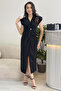 Women's Double Breasted Collar Pearl Detail Shirred Midi Dress Red, Black - 4