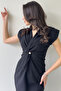 Women's Double Breasted Collar Pearl Detail Shirred Midi Dress Red, Black - 5