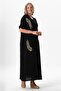 Half Sleeve V-Neck Leaf Printed Long Muslin Summer Dress Black-Black Syh/Syh - 6