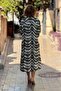 Khaki Wave Patterned Shirt Dress 100% Cotton Viscose - 6