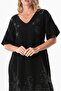 Short Sleeve V-Neck Alize Embroidered Midi Length Muslin Summer Dress Black Syh - 3