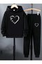Black Hooded Children's Heart Printed Tracksuit Set Unisex