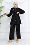 Belted Double Suit with Pearl Brooch Black 4768 - 4