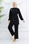 Belted Double Suit with Pearl Brooch Black 4768 - 5