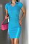 Turquoise Short Sleeve Knitwear Dress - Polo Collar Ribbed - 3