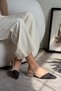 Viktor Nude Satin Front Black Ankle Belt Detailed Pointed Toe Short Heeled Women's Ballerinas - 4