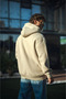 Men's Beige Three Thread Combed Cotton Hooded Basic Sweatshirt - 3