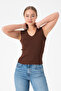 V-Neck Women's Knitwear Blouse - Brown - 3