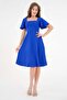 Women's Stretchy Crepe Fabric Square Collar Sleeves Flounced Design Cobalt Blue Midi Length Dress 082 - 5