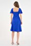 Women's Stretchy Crepe Fabric Square Collar Sleeves Flounced Design Cobalt Blue Midi Length Dress 082 - 3