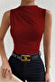 Women's Burgundy Gathered Sleeveless Sandy Knitted Blouse - 2