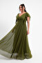 Women's Khaki V Neck Short Sleeve Plus Size Long Evening Dress
