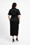 Women's Black V-Neck Stones Belted Plus Size Midi Dress - 5