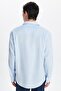 Men's Relax Fit Comfortable Cut Oversized 100% Cotton Linen Texture Apaş Collar Blue Shirt - 5