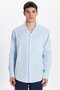 Men's Relax Fit Comfortable Cut Oversized 100% Cotton Linen Texture Apaş Collar Blue Shirt - 3