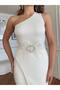 Imported Fabric One Shoulder Beaded Embroidered Feather Belt Detailed Lined Custom Design Dress - 2