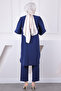 Navy Blue Judge Collar Sleeve Ribbed Tunic Trousers Suit - 3