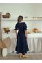 Women's Navy Blue V-Neck Elastic Waist Shirred Muslin Fabric Short Sleeve Dress - 8