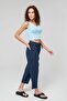 Women's Light Navy Blue Carrot Fit Ankle Length Linen Trousers - Cotton, Summer Monaha - 4