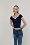 Women's Navy Blue Heart Collar Short Sleeve T-Shirt - 3