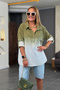 Women's Khaki Button Shirt, Lapel Gradient, Foldable Sleeves Loose Linen Blouse Tunic - 2