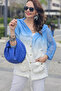 Women's Blue Hooded and Sleeves Mesh Button Closure Gradient Loose Blouse Tunic Cardigan