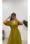 Women's Collar Piping Tie V-Neck Elastic Waist Sleeve Mouth Elastic Balloon Sleeve Long Dress - 5
