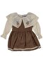 Girl's Ecru Brown Plaid Patterned Collared Scalloped Flower Embroidered Dress